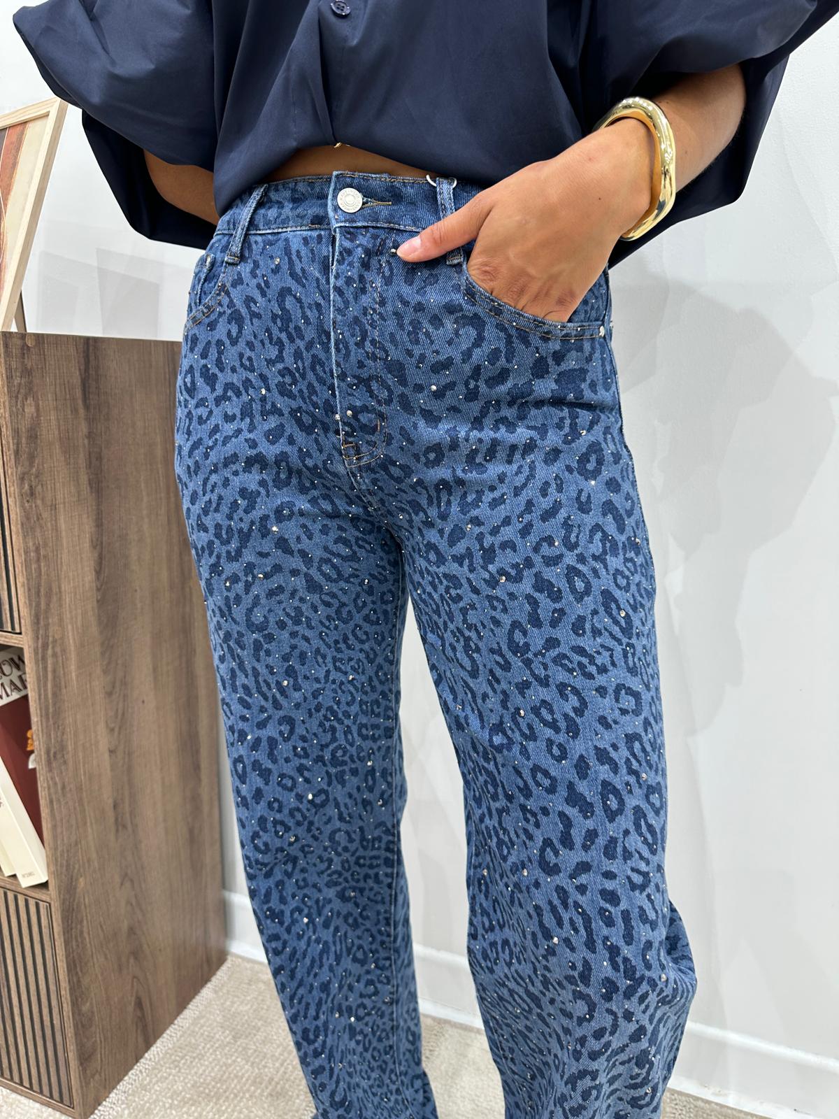 Jean Leopard Bleu Strass