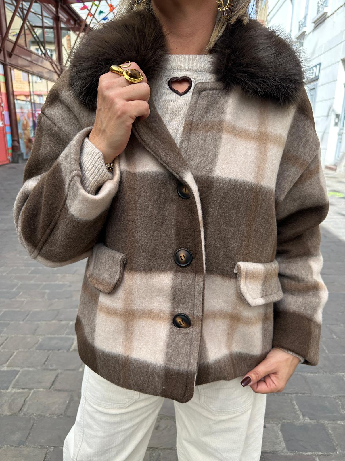 Veste a Carreaux Chocolat Col Fausse Fourrure