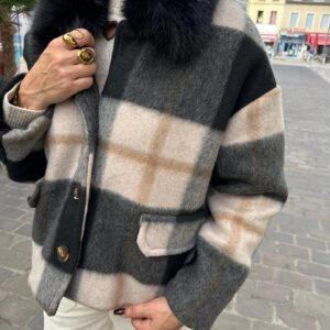 Veste a Carreaux Noir Col Fausse Fourrure