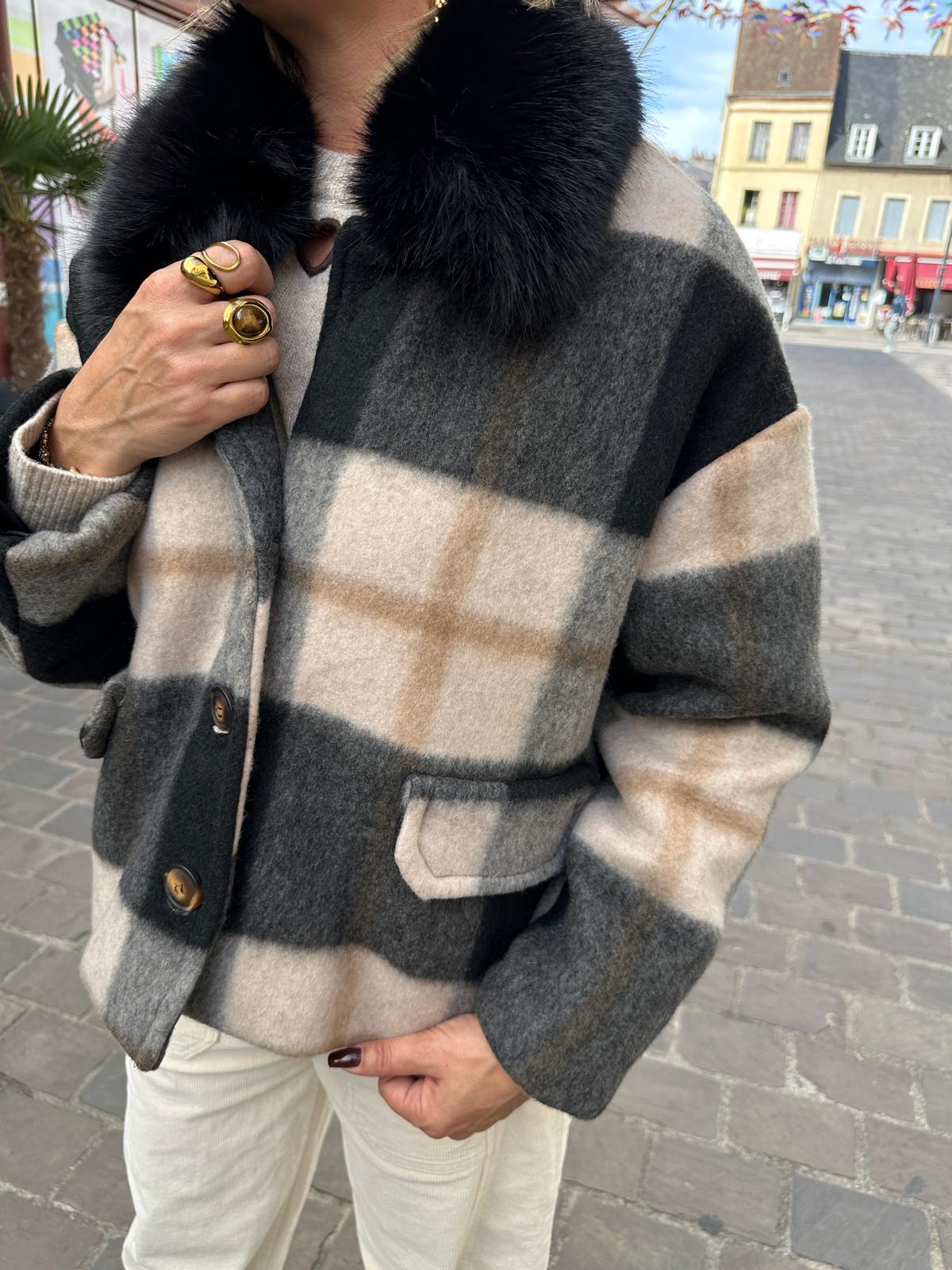 Veste a Carreaux Noir Col Fausse Fourrure