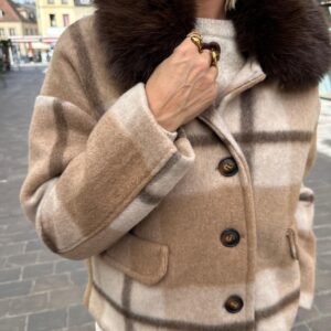 Veste a Carreaux Camel Col Fausse Fourrure