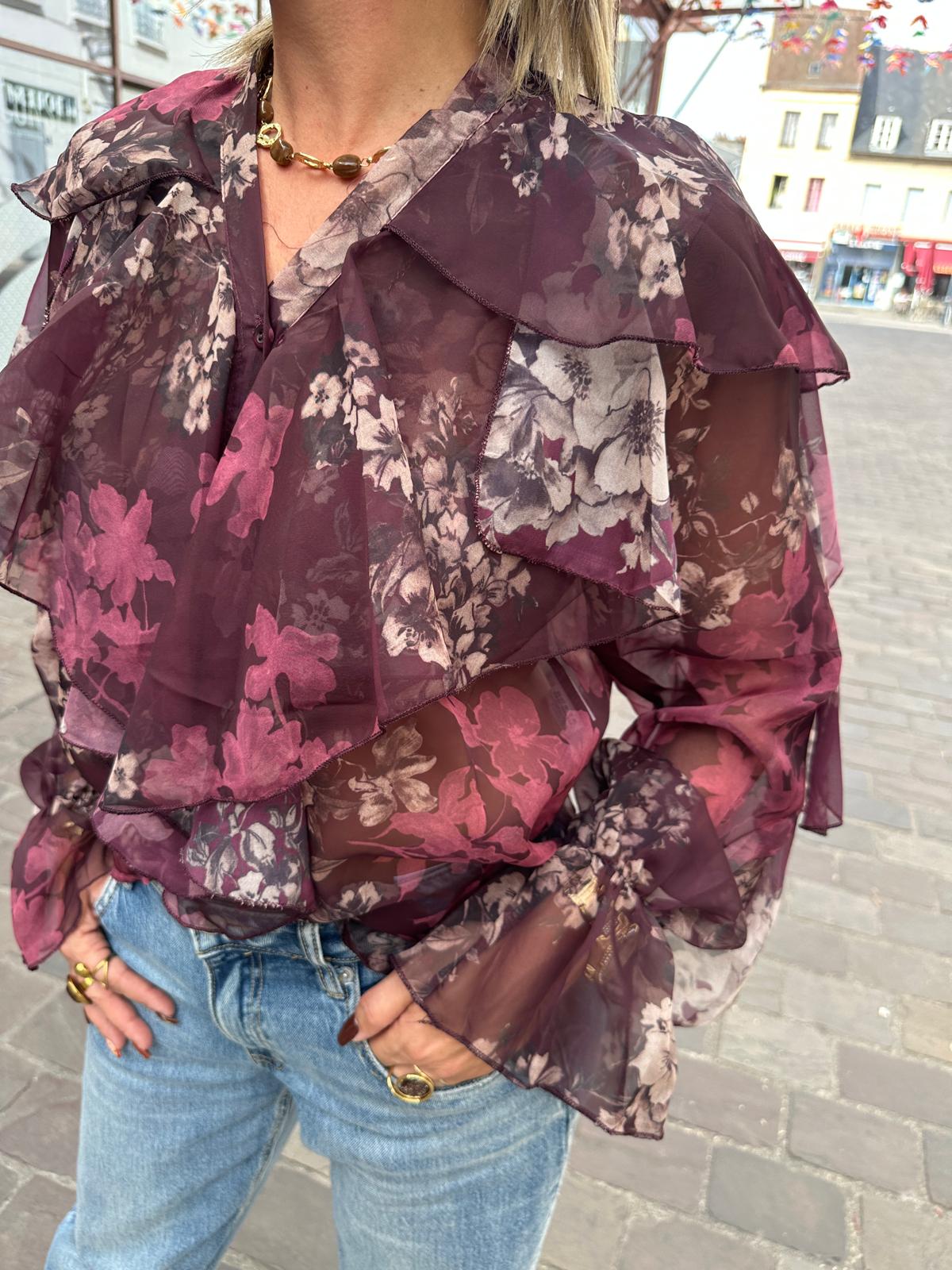 Blouse à Volants Fleurie Victoire Prune