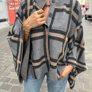 Poncho Cape à Carreaux Gris