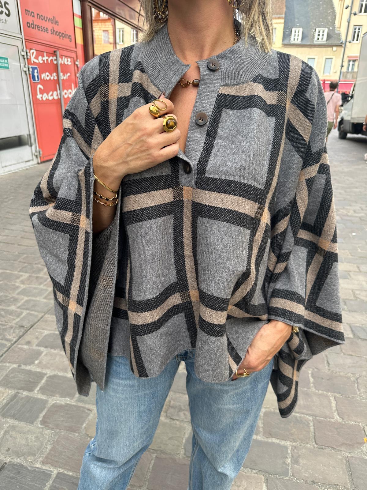 Poncho Cape à Carreaux Gris