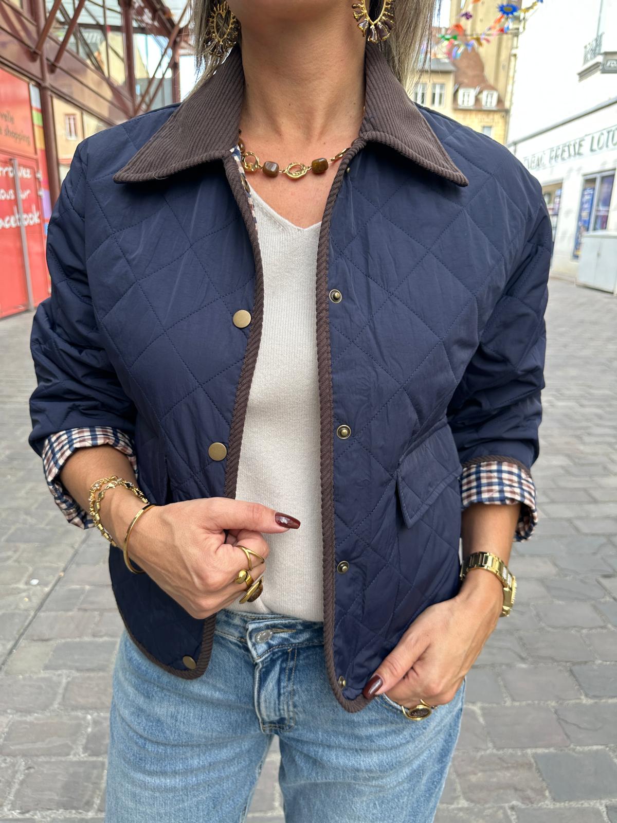 Veste Matelassée Marine Col Velours Olympe