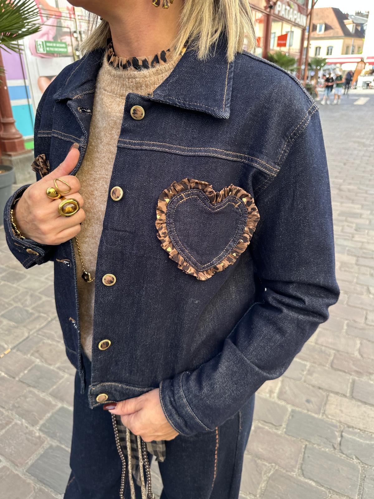 Veste en Jean Coeur Léopard