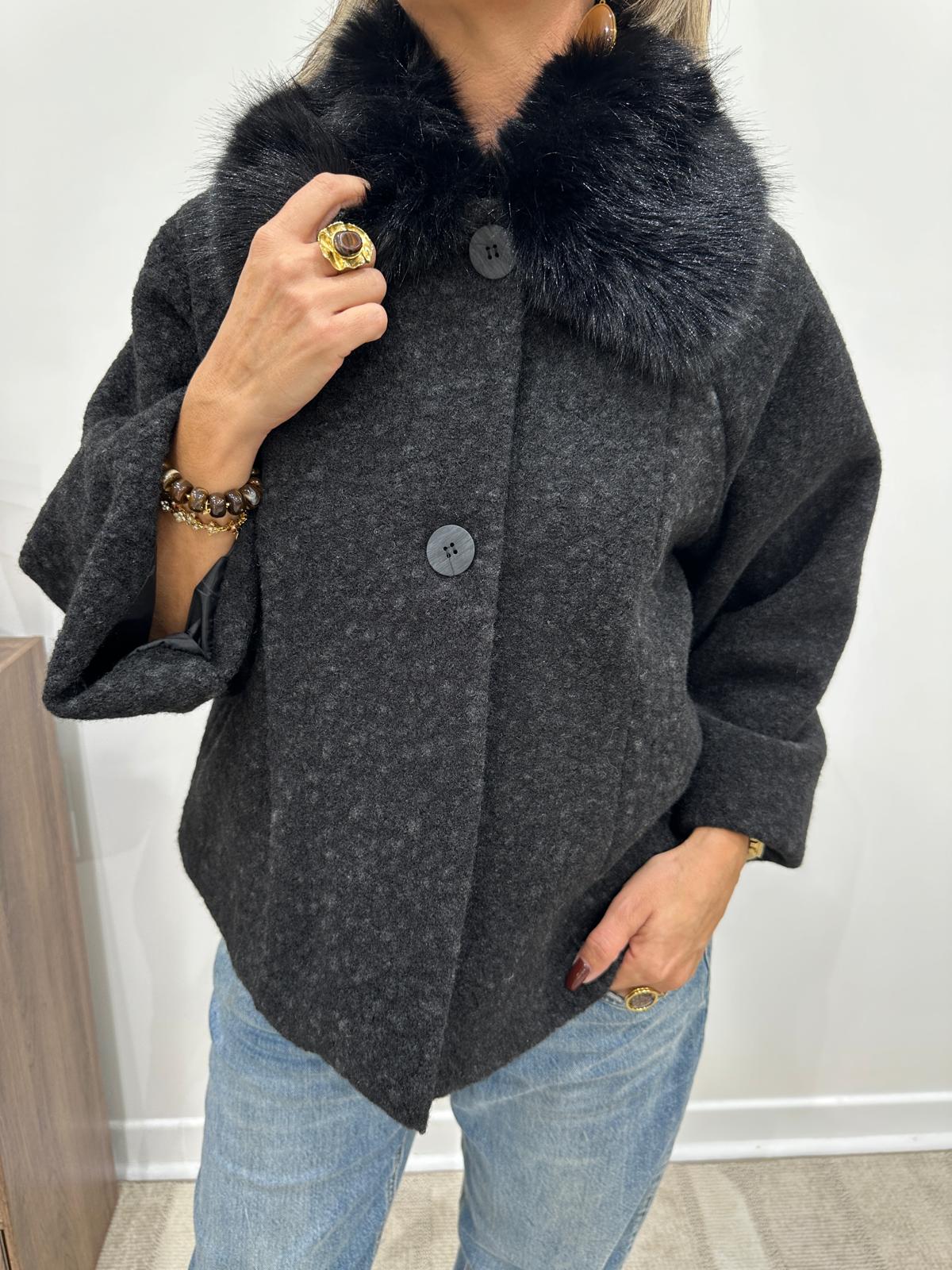 Veste Noire Col Fausse Fourrure – Solene
