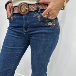 Jean Brodé Fleuri Avec Ceinture - Iléna