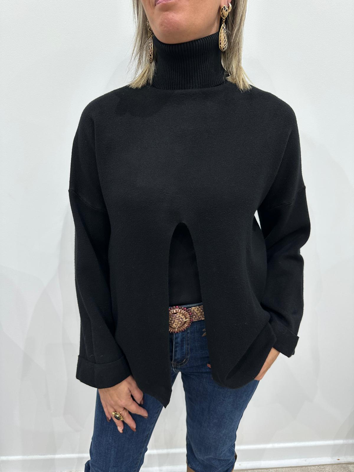 Pull Oversize Col Roule Noir – Anaelle