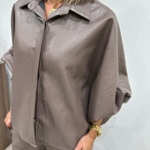 Veste Effet Cuir Taupe Manches Froncées - Olisé
