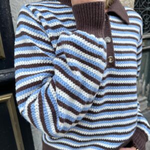 Pull Polo Rayé Chocolat, Bleu Ciel et Écru – Cléophine