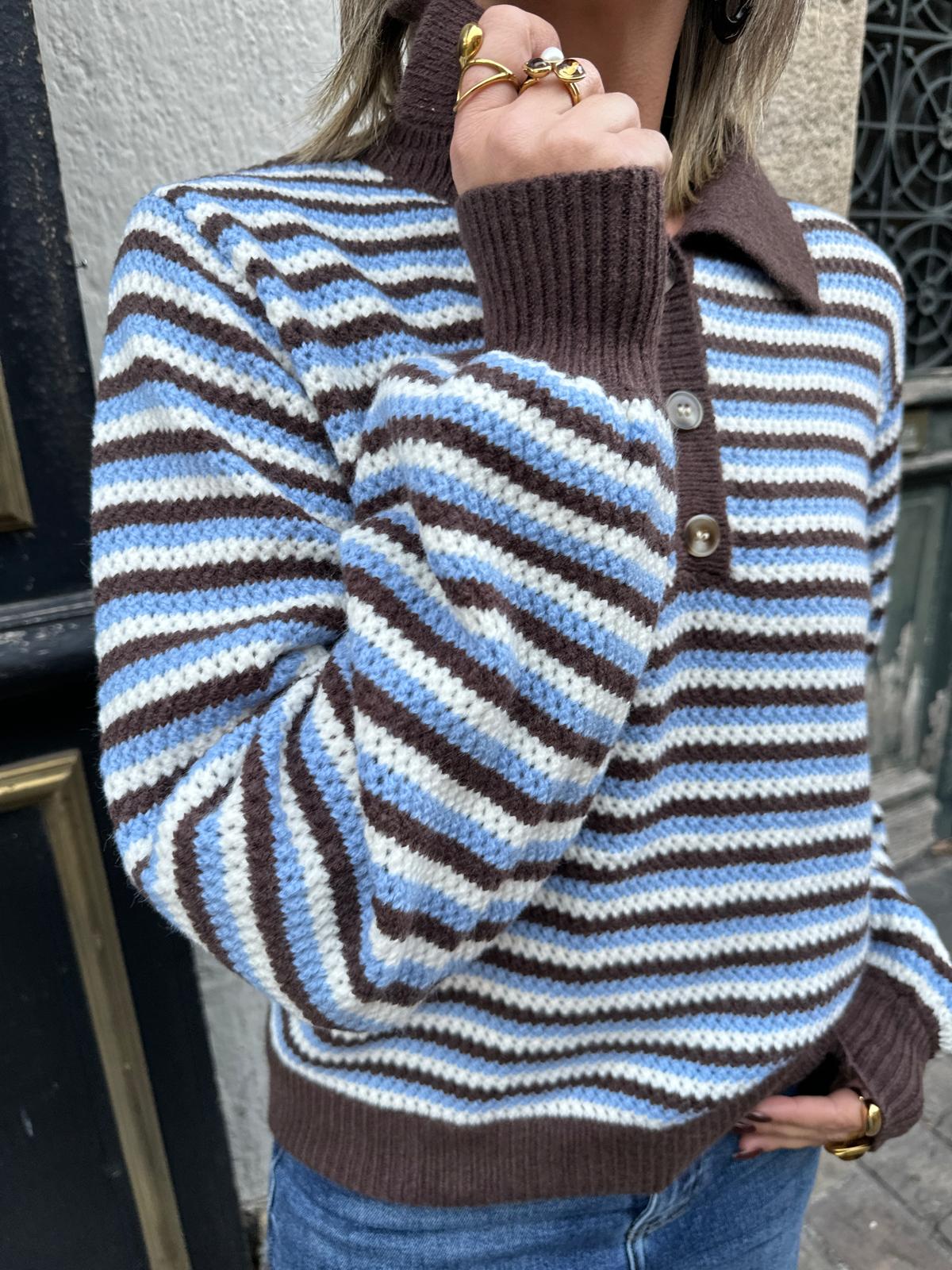 Pull Polo Rayé Chocolat, Bleu Ciel et Écru – Cléophine