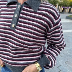 Pull Polo Rayé Bordeaux, Gris et Rose – Cléophine
