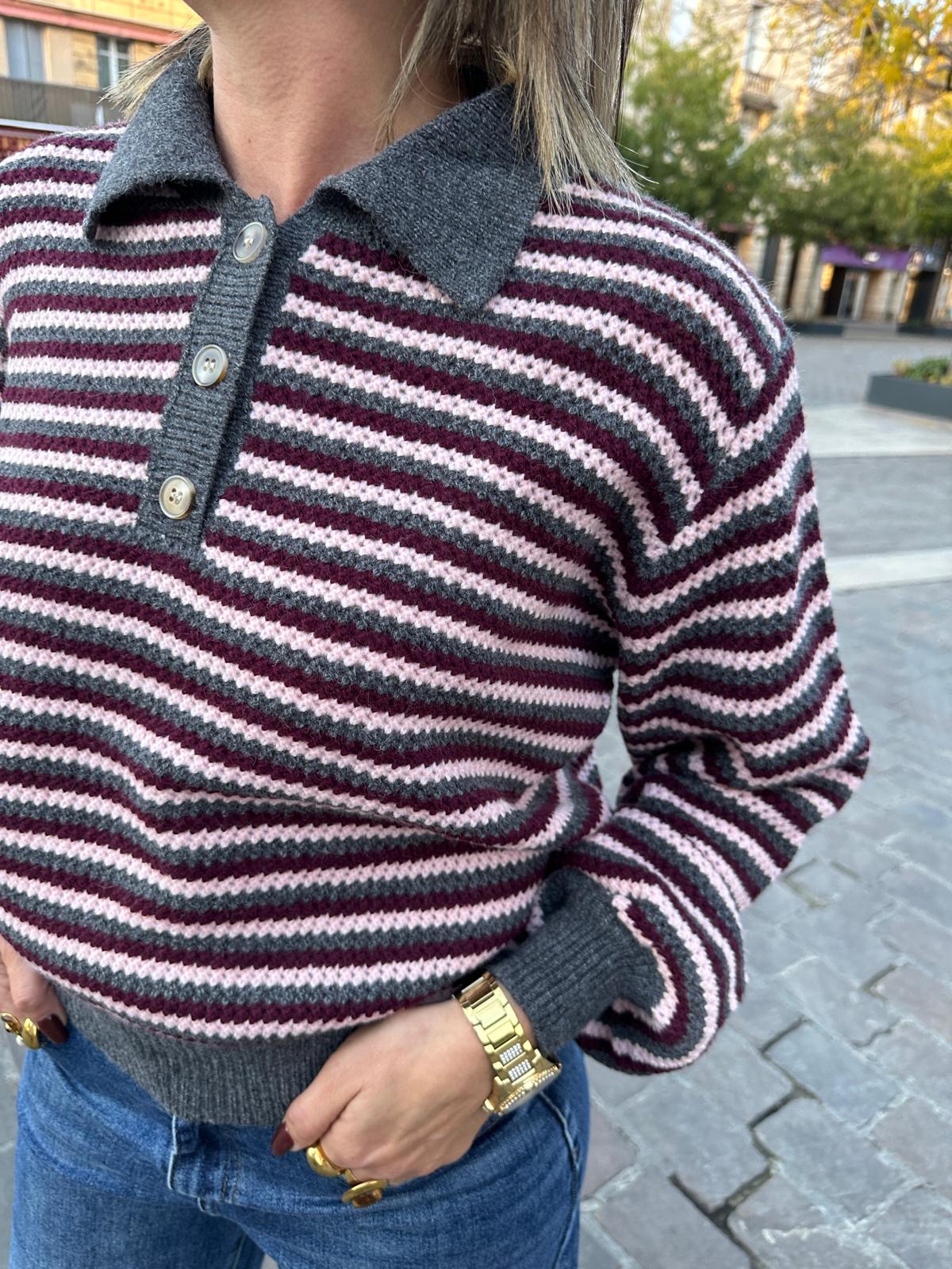 Pull Polo Rayé Bordeaux, Gris et Rose – Cléophine