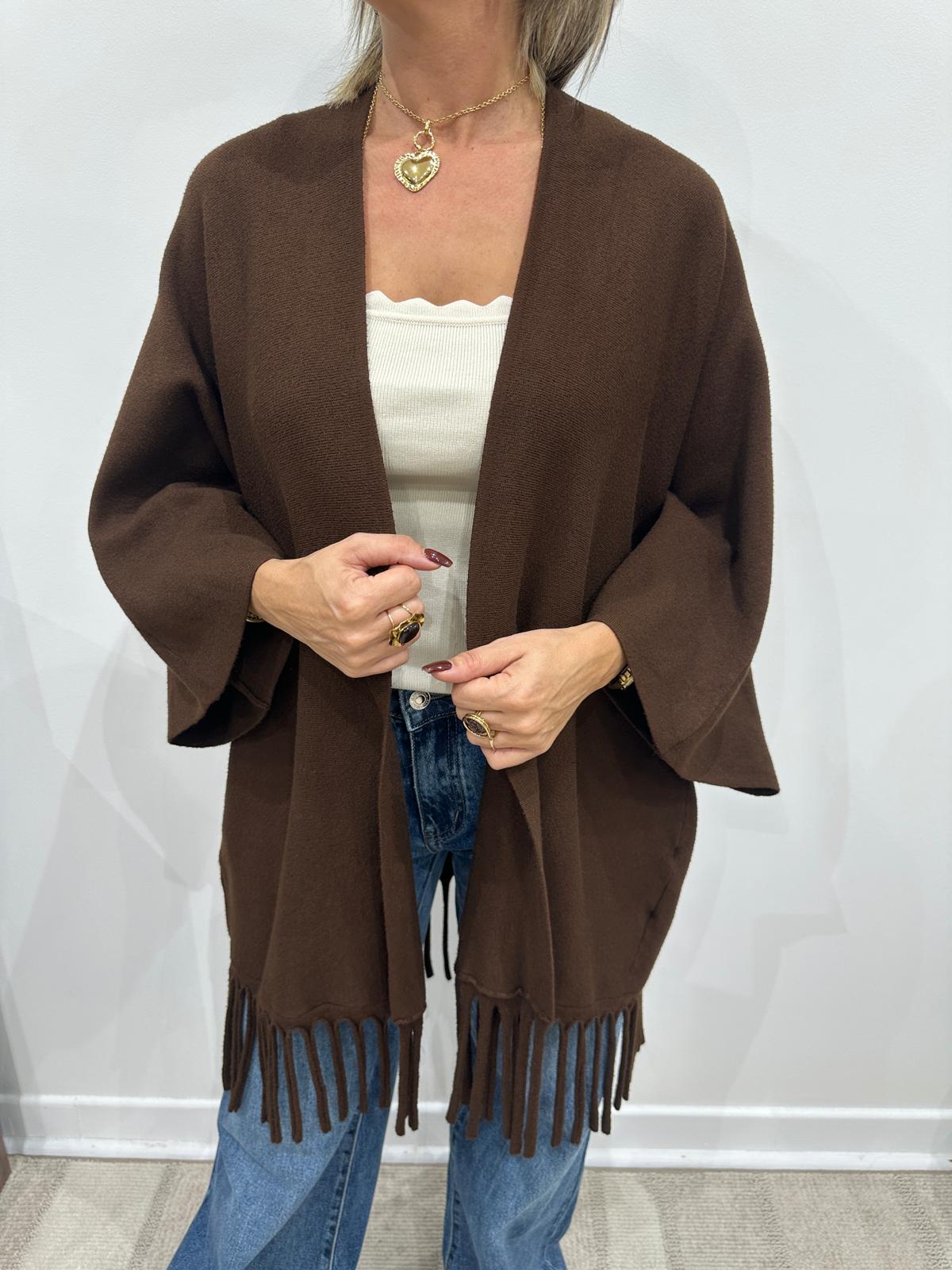 Gilet Poncho à Franges Chocolat – Maëva