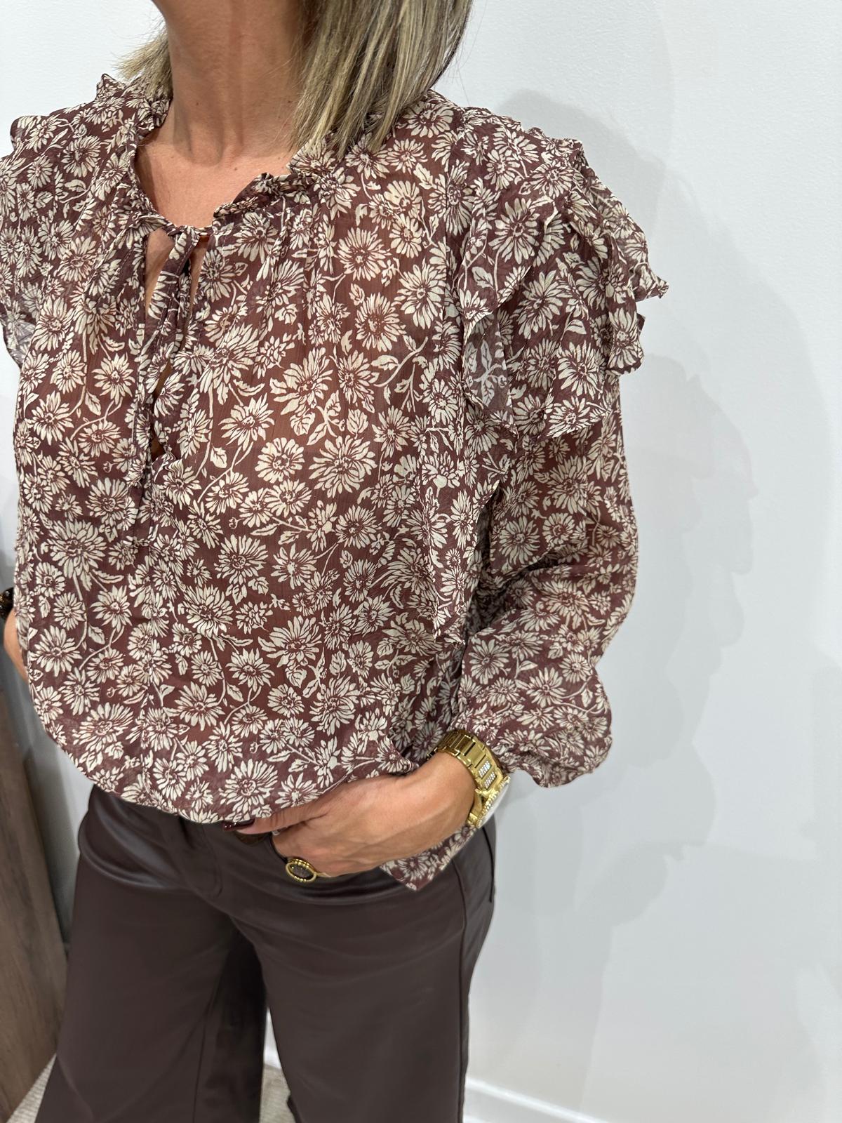Blouse Fleurie à Volants Chocolat – Séréna