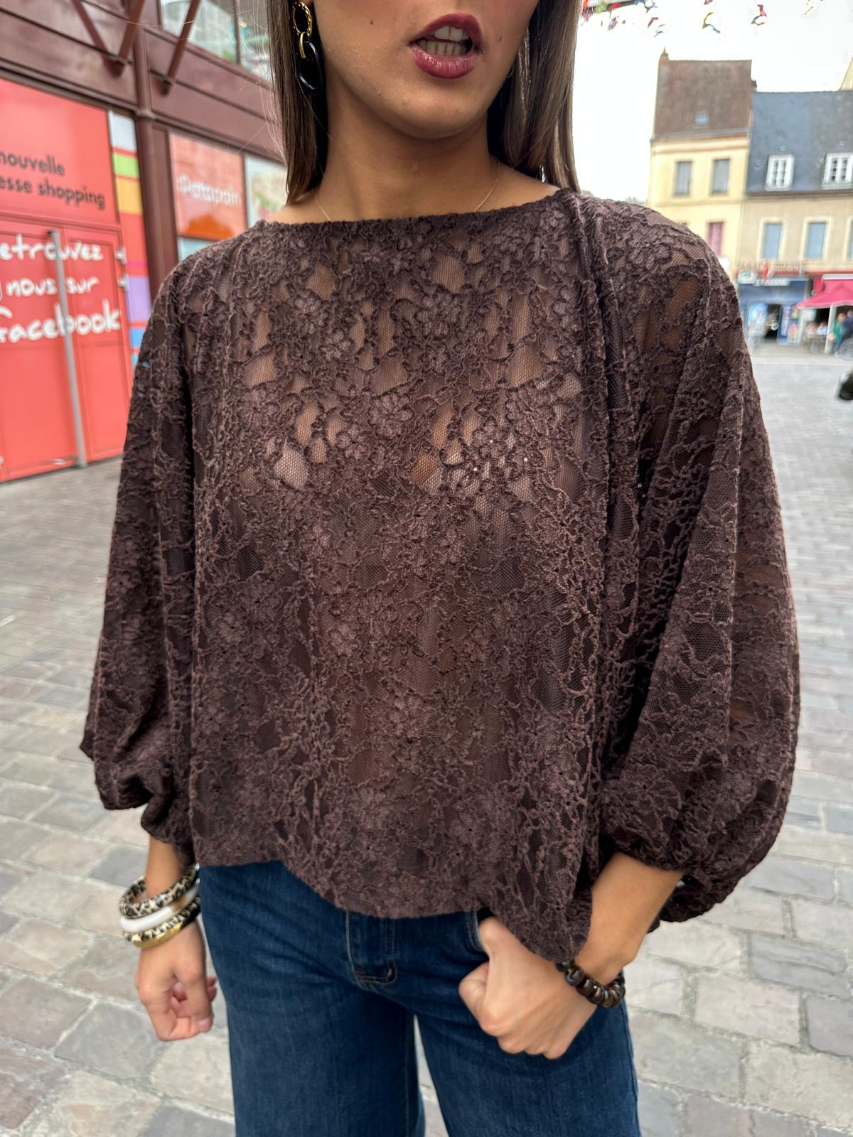 Blouse en Dentelle Chocolat – Célestine