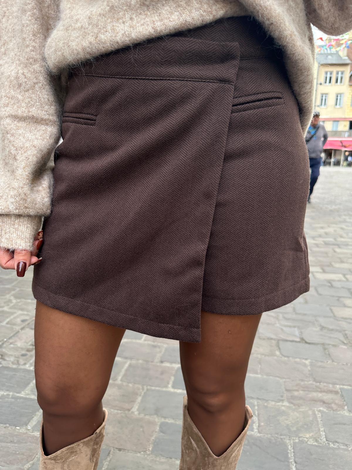 Jupe Short Tailleur Chevrons Chocolat – Mélisande