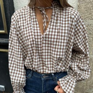 Blouse Vichy Camel à Manches Bouffantes - Aliette