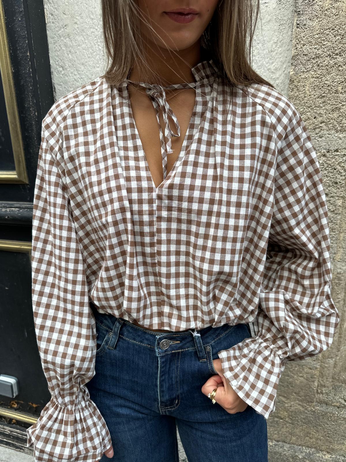 Blouse Vichy Camel à Manches Bouffantes – Aliette
