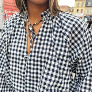 Blouse Vichy Marine à Manches Bouffantes - Aliette
