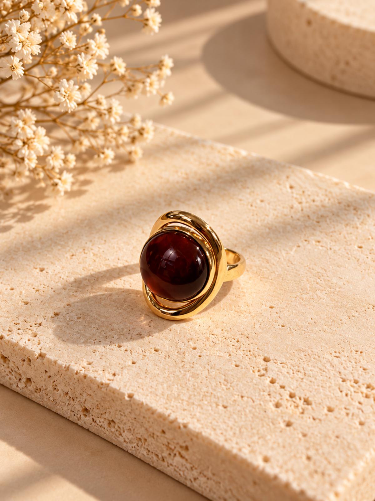 Bague Dorée Pierre Chocolat – Léontine