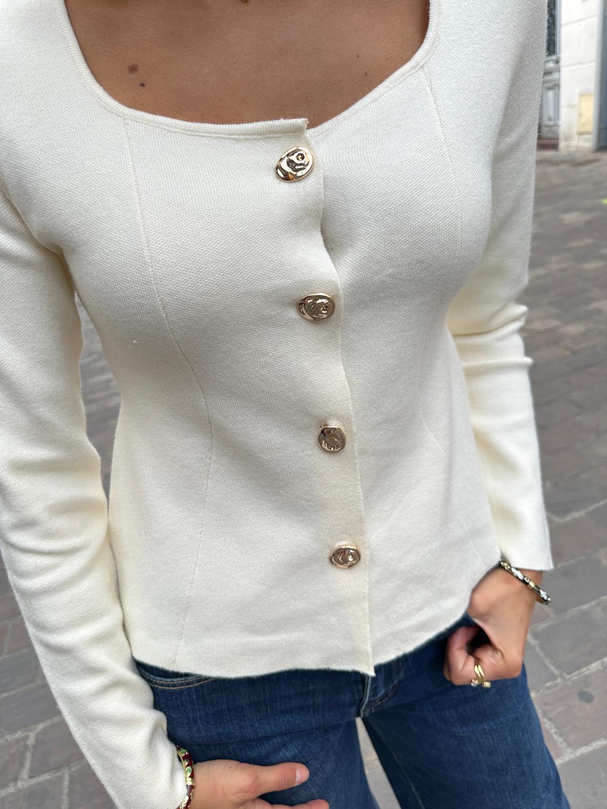 Gilet Cintré Boutons Bijoux Écru – Eugénie