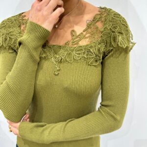 Pull Côtelé Dentelle Vert - Coline
