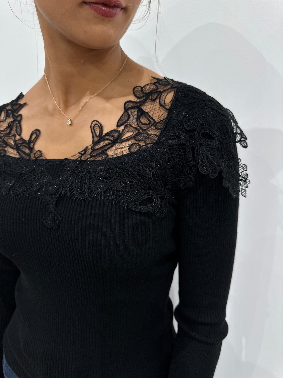 Pull Côtelé Dentelle Noir – Coline