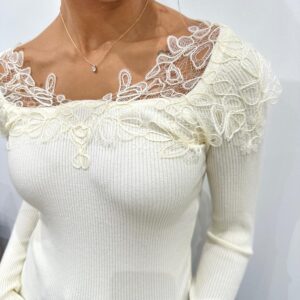 Pull Côtelé Dentelle Beige - Coline