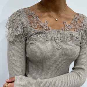 Pull Côtelé Dentelle Taupe -Coline