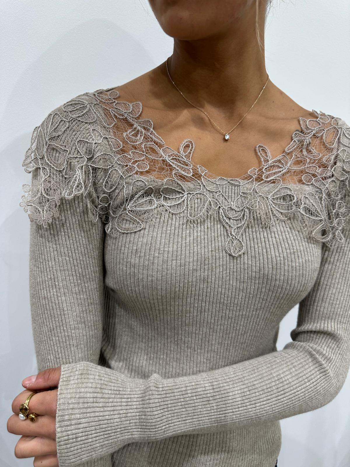 Pull Côtelé Dentelle Taupe -Coline