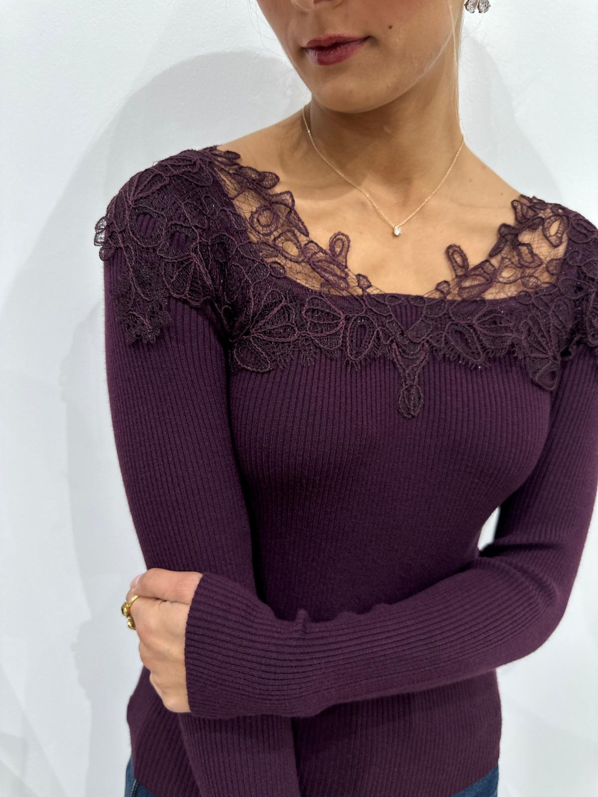 Pull Côtelé Dentelle Bordeaux – Coline