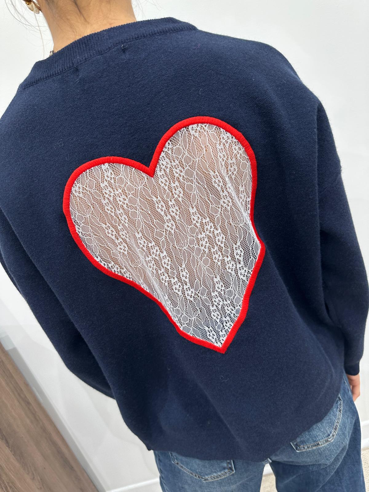 Pull Coeur Dentelle Marine – Albanne