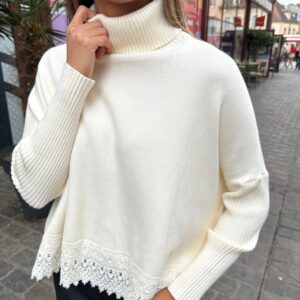 Pull Col Roulé à Dentelle Écru - Élodine