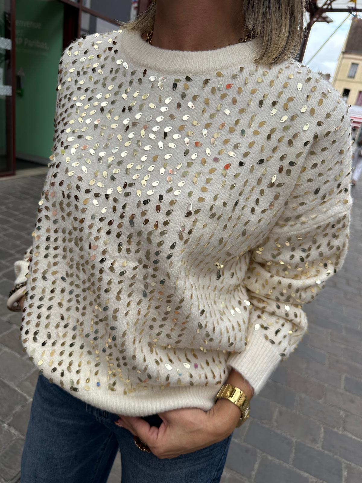 Pull à Sequins Dorés Beige – Amandine
