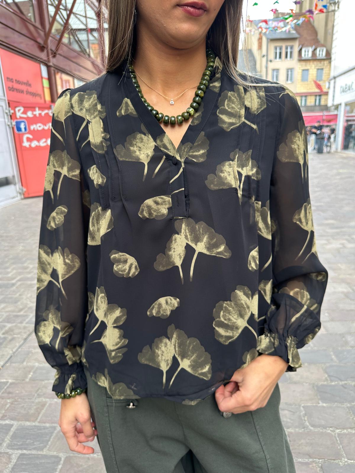 Blouse Fleurie Noire et Kaki – Héloïna