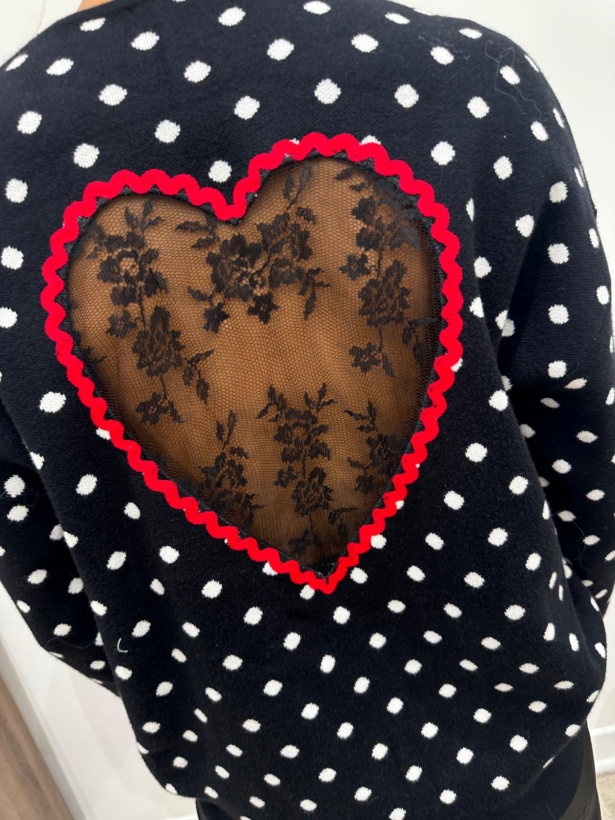 ‼️ Précommande ‼️ – Pull à Pois Coeur Dentelle Noir – Maïwenn