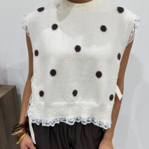 Pull Sans Manches à Pois et Dentelle Écru - Anouk