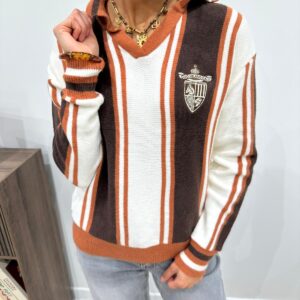 Pull Polo Rayé Écusson Chocolat et Terracotta - Anouchka