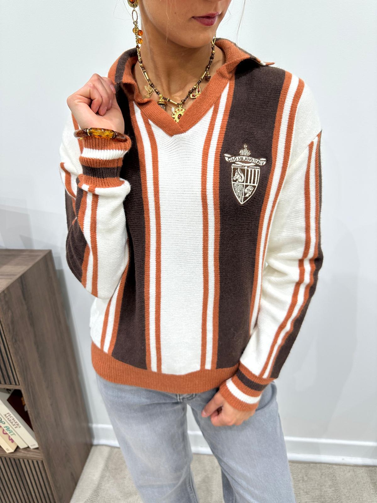 Pull Polo Rayé Écusson Chocolat et Terracotta – Anouchka