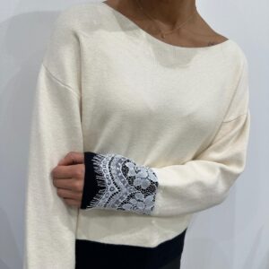 Pull Manches Dentelle Écru et Noir - Odeline