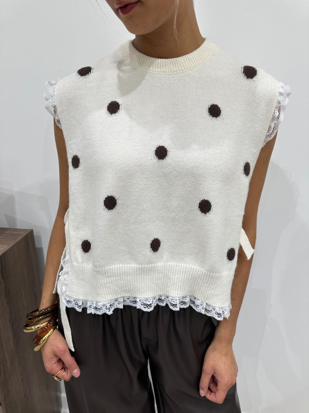 Pull Sans Manches à Pois et Dentelle Écru – Anouk