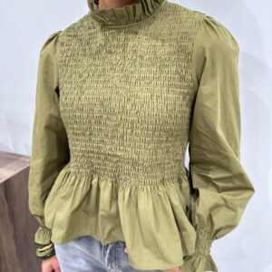 Blouse Smockée à Volants Kaki - Roxane