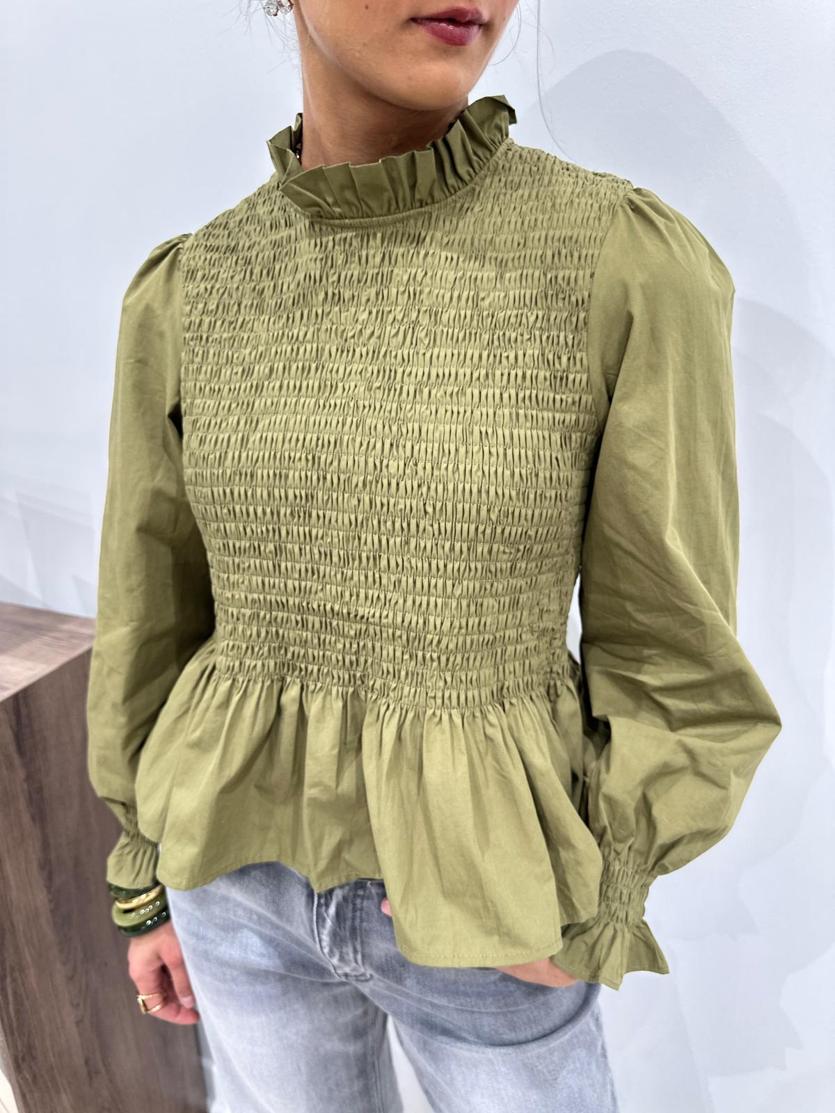 Blouse Smockée à Volants Kaki – Roxane