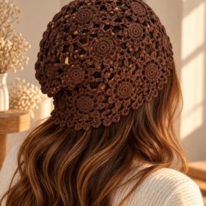 Bonnet en Crochet Fleuri Gabrielle - Chocolat