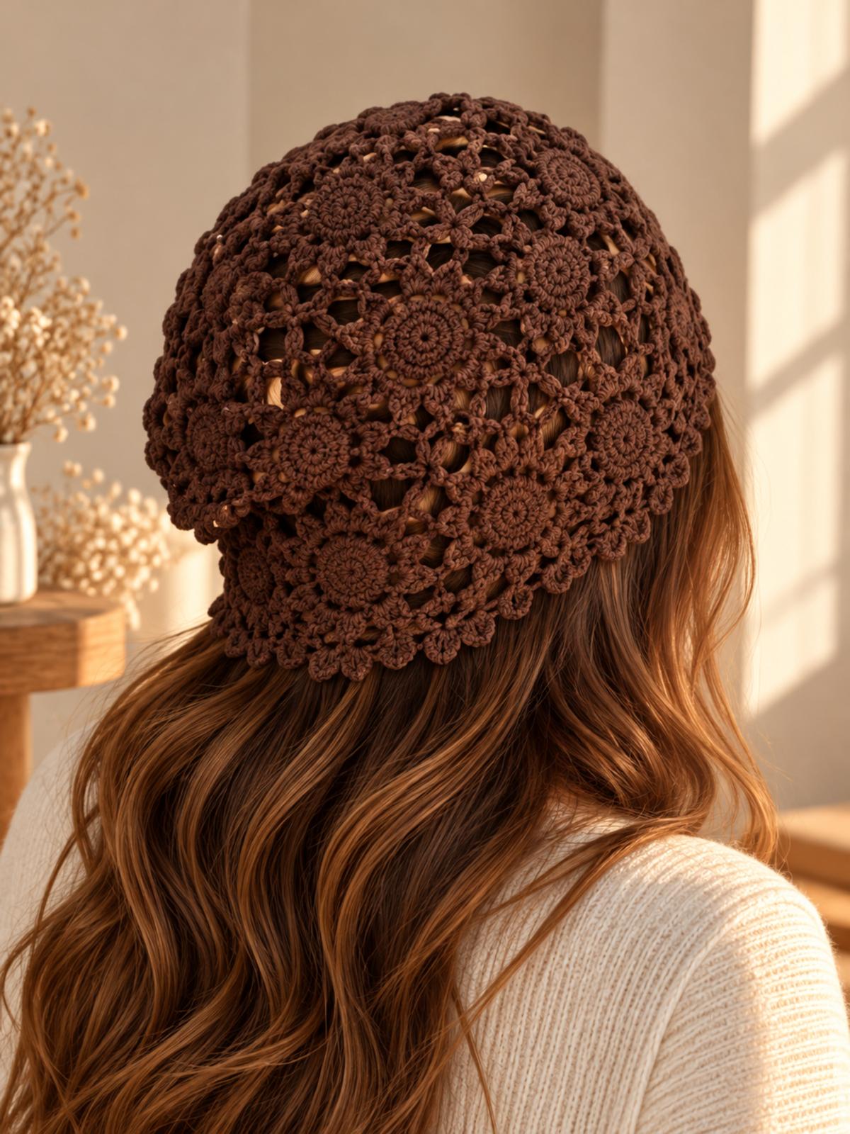 Bonnet en Crochet Fleuri Gabrielle – Chocolat