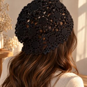Bonnet en Crochet Fleuri Gabrielle - Noir