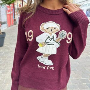Pull Bordeaux à Ourson Tennis Brodé - Iris