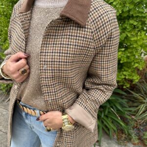 Veste Mi-Longue Pied-de-Poule Beige et Marron – Joséphine